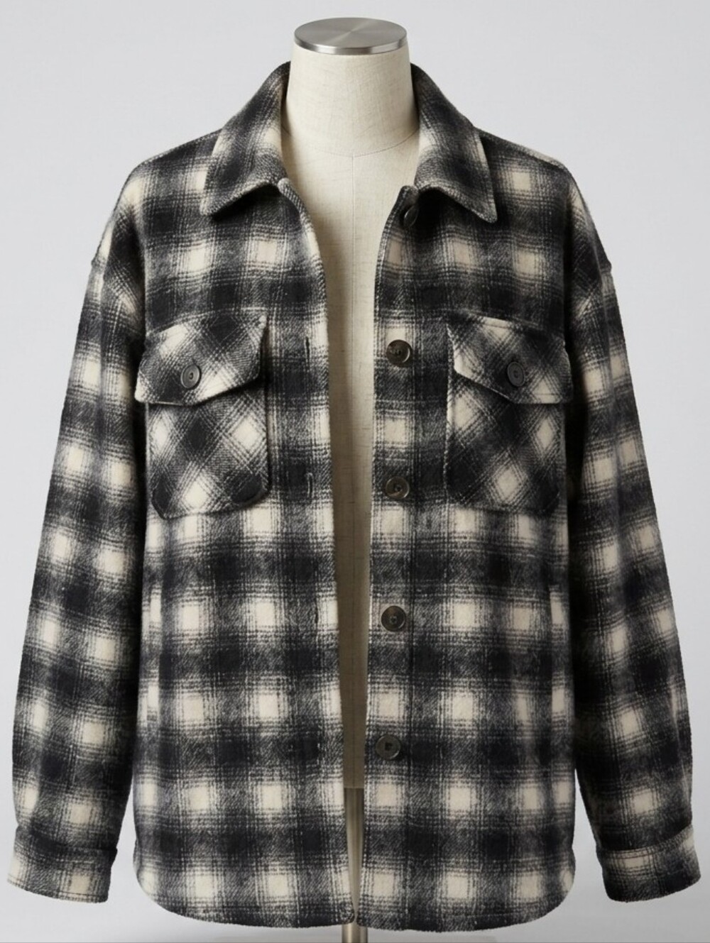 Black and White Shirt Jacket Shacket with Classic Plaid Check Pattern